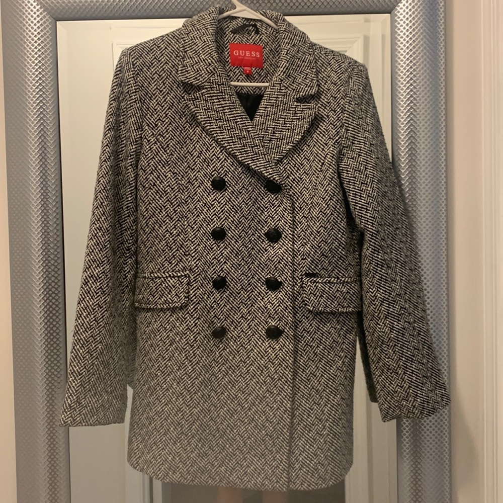 Guess Black and White Herringbone Coat